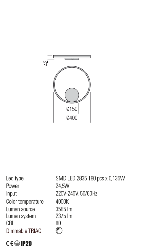 Aplica ORBIT, alb mat, LED 24, 5W, 4000K, 3585 lm, Redo 01-1902-TRIAC