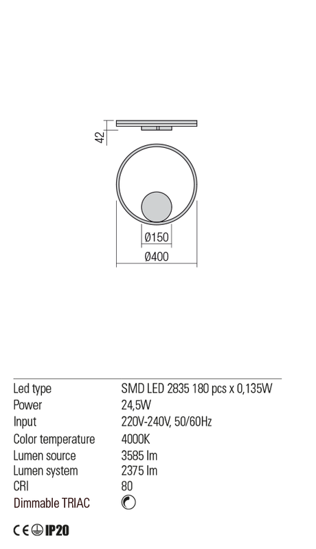 Aplica ORBIT, alb mat, LED 24, 5W, 4000K, 3585 lm, Redo 01-1902-TRIAC