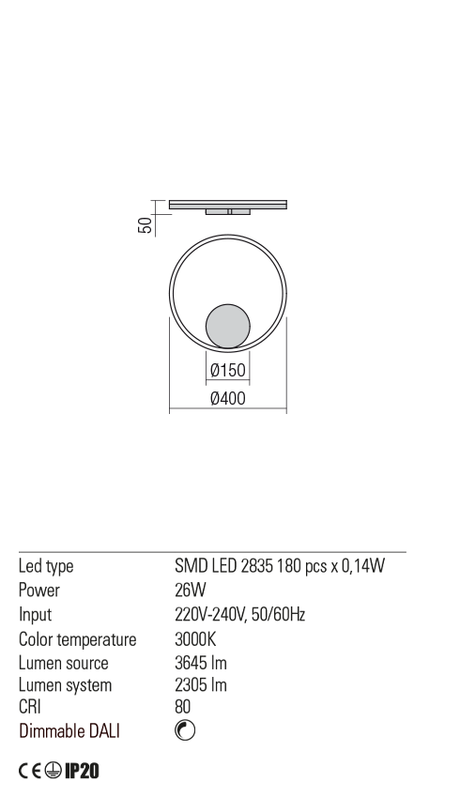 Aplica ORBIT, alb mat, LED 26W, 3000K, 3645 lm, Redo 01-1698-DALI