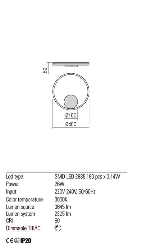 Aplica ORBIT, alb mat, LED 26W, 3000K, 3645 lm, Redo 01-1698-TRIAC