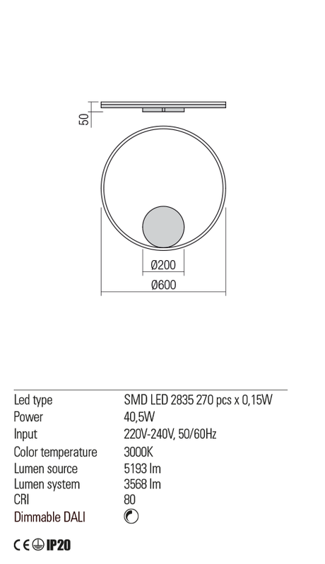 Aplica ORBIT, alb mat, LED 40, 5W, 3000K, 5193 lm, Redo 01-1702-DALI