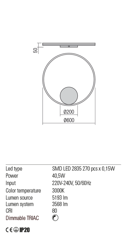 Aplica ORBIT, alb mat, LED 40, 5W, 3000K, 5193 lm, Redo 01-1702-TRIAC