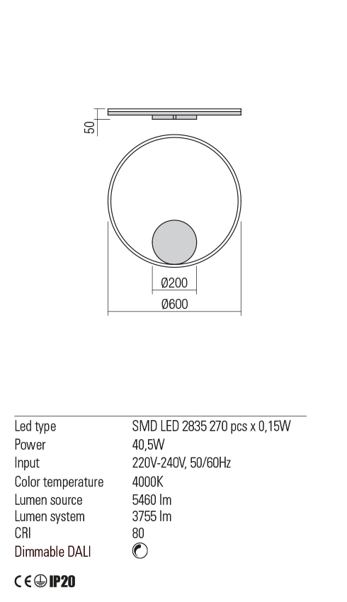 Aplica ORBIT, alb mat, LED 40, 5W, 4000K, 5460 lm, Redo 01-1904-DALI