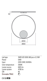 Aplica ORBIT, alb mat, LED 54W, 3000K, 6925 lm, Redo 01-1708-TRIAC