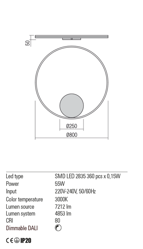 Aplica ORBIT, alb mat, LED 55W, 3000K, 7212 lm, Redo 01-1706-DALI