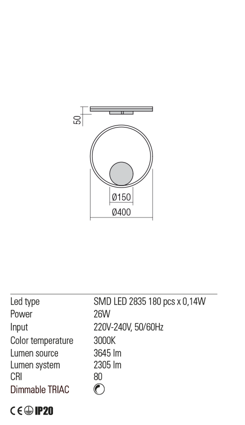 Aplica ORBIT, bronz, LED 26W, 3000K, 3645 lm, Redo 01-1699-TRIAC