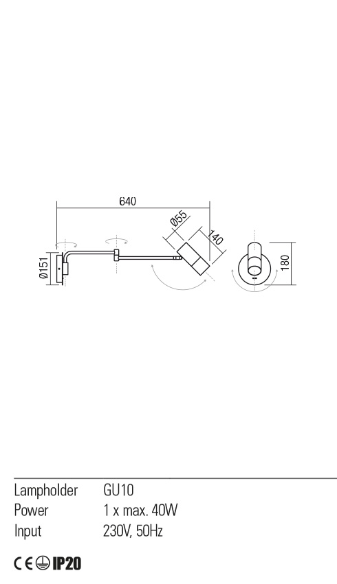 Aplica PIVOT, alb mat, GU10, 1 x 40W, Redo 01-2368