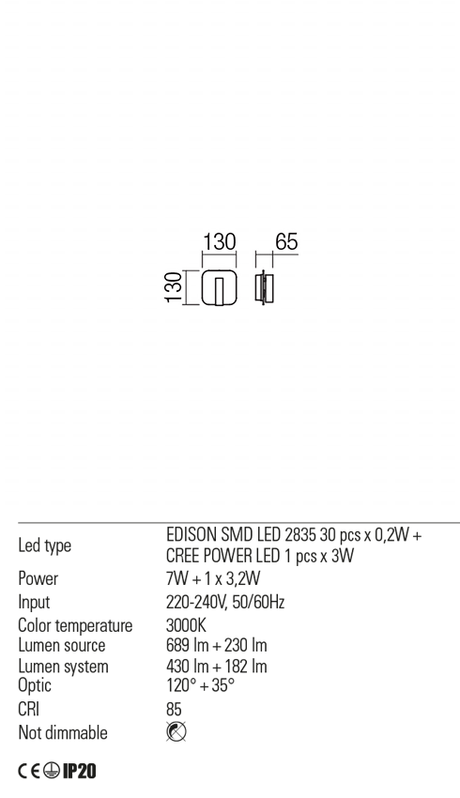 Aplica QUDA, alb mat, LED  7W + 1 x 3, 2W, 3000K, 919 lm, Redo 01-1491