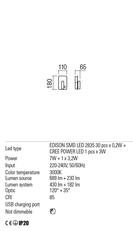 Aplica QUDA, alb mat, LED  7W + 1 x 3, 2W, 3000K, 919 lm, Redo 01-1493