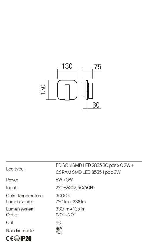 Aplica QUDA, auriu, LED  6W + 3W, 3000K, 720 lm + 238 lm, Redo 01-2977