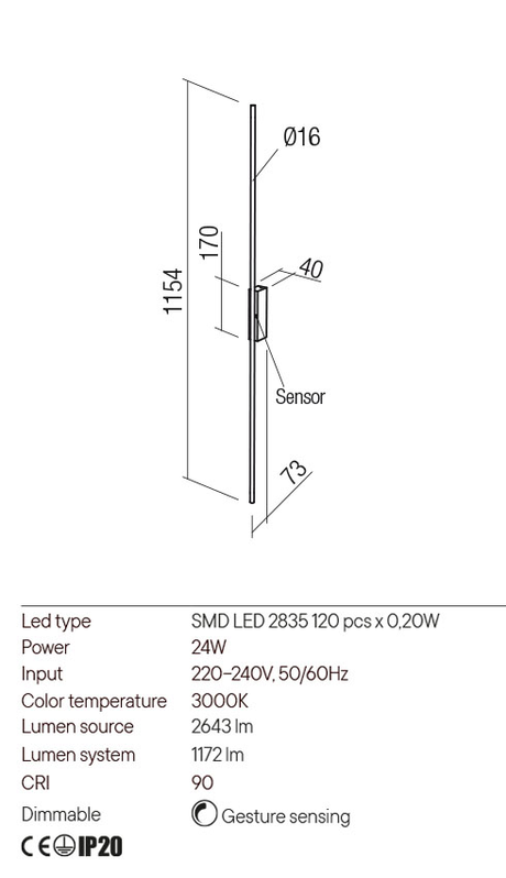 Aplica STICK, alama, LED 24W, 3000K, 2643 lm, Redo 01-2790