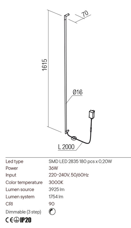 Aplica STICK, alama, LED 36W, 3000K, 3925 lm, Redo 01-2792