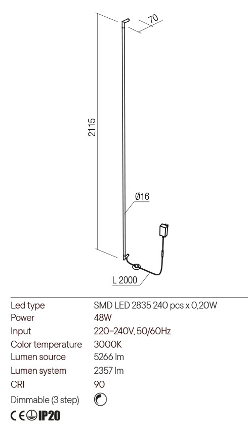 Aplica STICK, alama, LED 48W, 3000K, 5266 lm, Redo 01-2794