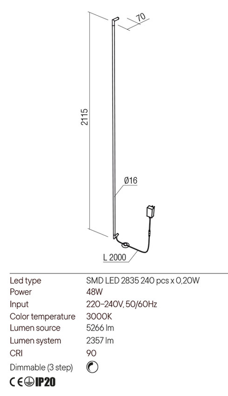 Aplica STICK, alama, LED 48W, 3000K, 5266 lm, Redo 01-2794