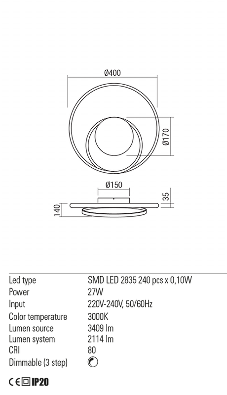 Aplica TORSION, LED 27W, 3000K, 3409 lm, Redo 01-1789