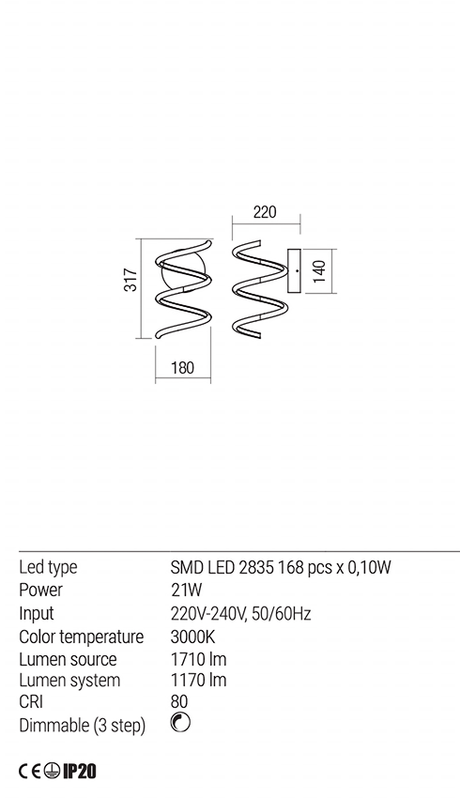 Aplica VUELTA, alb mat, LED  21W, 3000K, Redo 01-1774