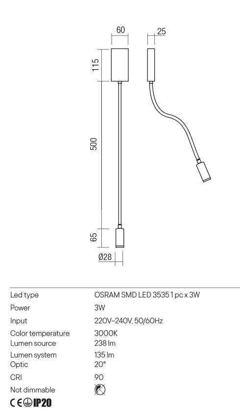 Aplica WALLIE, alb, LED  3W, 3000K, 238 lm, Redo 01-2754