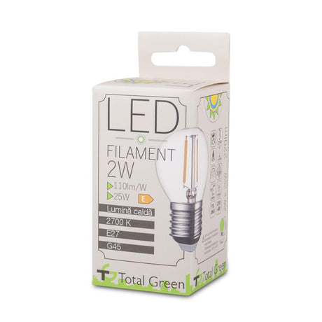 Bec LED Filament Sferic G45 2W E27 2700K Clar