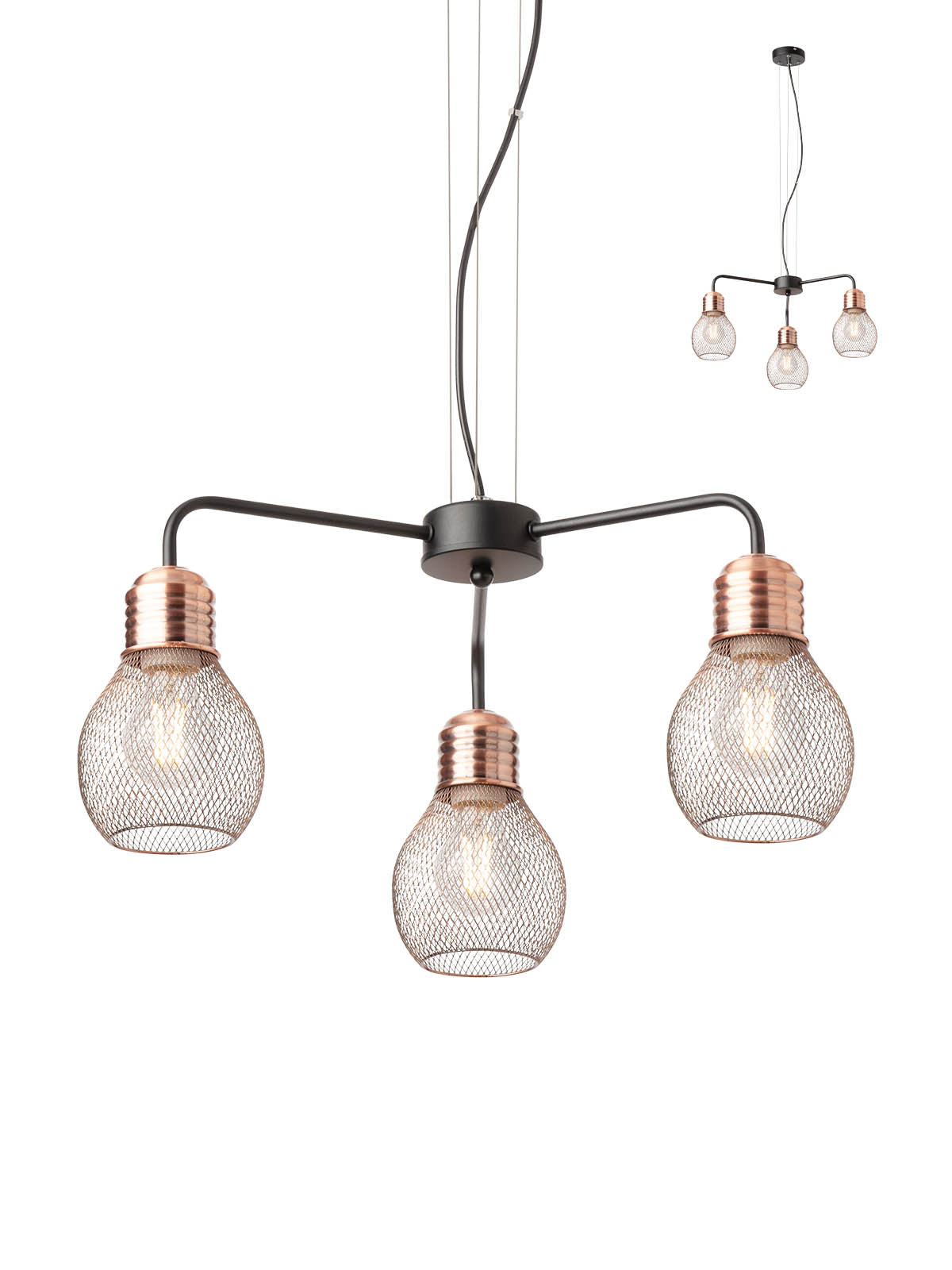 Suspensie EDISON, negru mat cu detalii cupru, 3xE27, Smarter 01-1579