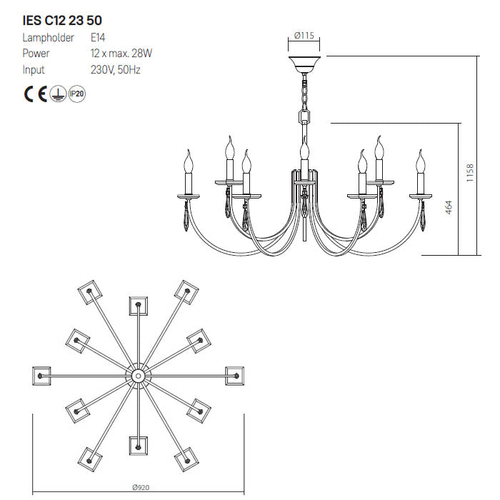 Candelabru Elisir, alama, 12XE14, D.92 cm, Incanti IES C12 23 50