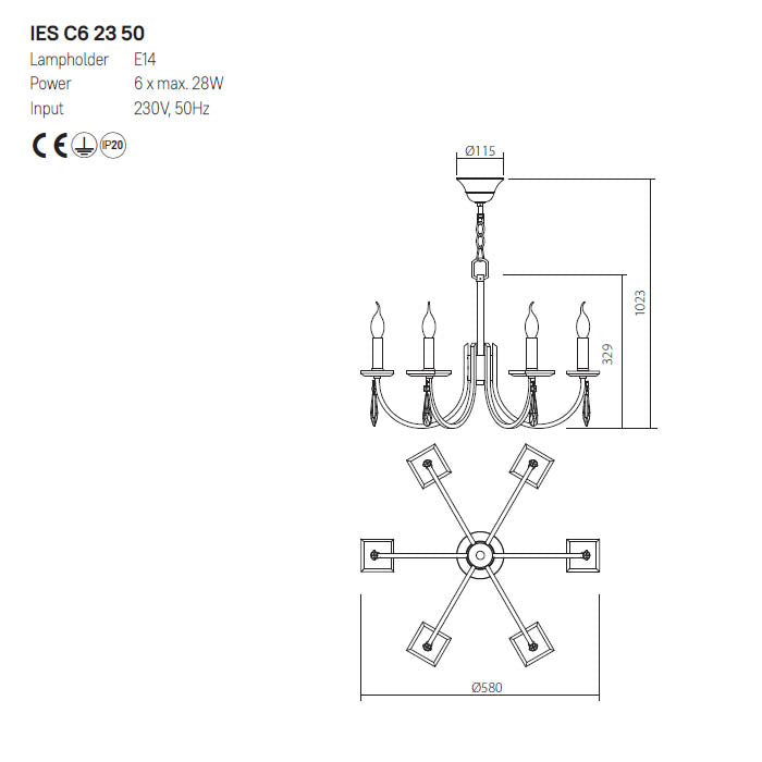 Candelabru Elisir, alama, 6XE14, D.58 cm, Incanti  IES C6 23 50