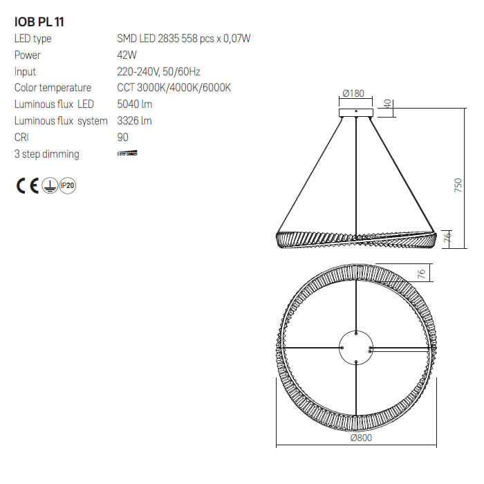 Suspensie Oblige, auriu, LED CCT, 42W, 3326 lumeni, 3000K/4000K/6000K, D.80 cm, Incanti IOB PL 11