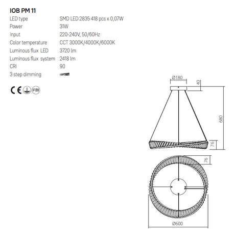 Suspensie Oblige, auriu, LED CCT, 31W, 2418 lumeni, 3000K/4000K/6000K, D.60 cm, Incanti  IOB PM 11