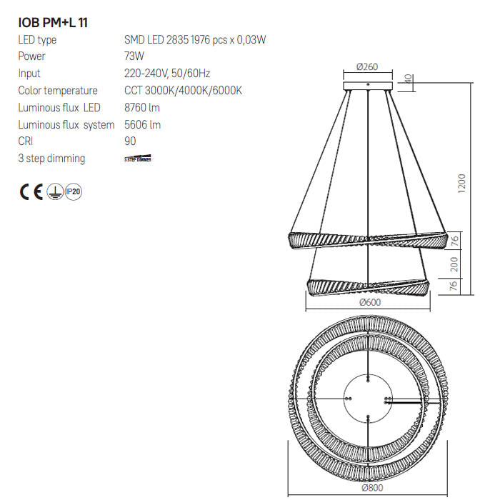 Suspensie Oblige, auriu, LED CCT, 73W, 5606 lumeni, 3000K/4000K/6000K, D.80+60 cm, Incanti IOB PM+L 11