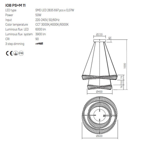 Suspensie Oblige, auriu, LED CCT, 50W, 3900 lumeni, 3000K/4000K/6000K, D.60+40 cm, Incanti IOB PS+M 11