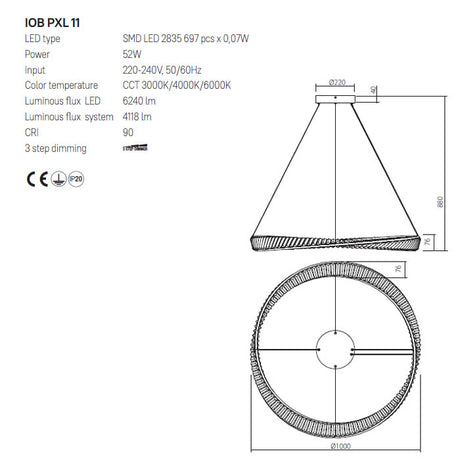 Suspensie Oblige, auriu, LED CCT, 52W, 4118 lumeni, 3000K/4000K/6000K, D.100 cm, Incanti IOB PXL 11