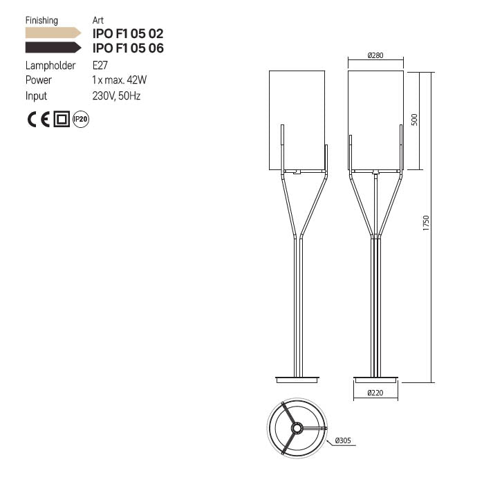 Lampadar Poseido, aur mat, textil negru, 1XE27, H.175 cm, Incanti IPO F1 05 06