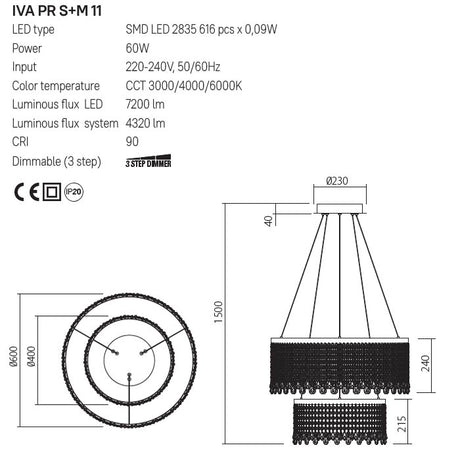 Suspensie Vanesia, aur periat, LED CCT, 60W, 4320 lumeni, 3000K/4000K/6000K, D.60cm+40 cm, Incanti IVA PR S+M 11