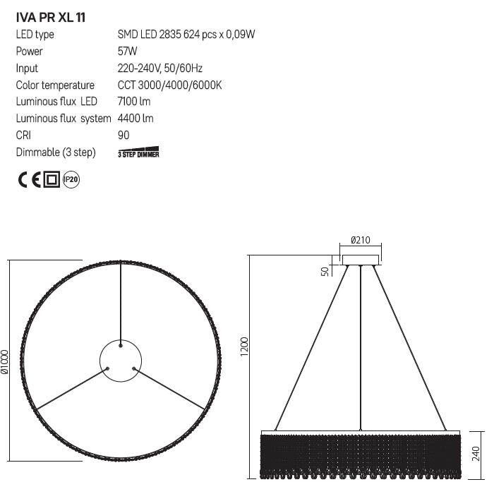 Suspensie  Vanesia, aur periat, LED CCT, 57W, 4400 lumeni, 3000K/4000K/6000K, D.100 cm, Incanti  IVA PR XL 11