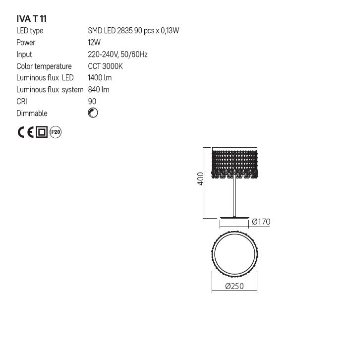 Veioza  Vanesia, aur periat, LED, 12W, 840 lumeni, 3000K, H.40 cm, Incanti  IVA T 11