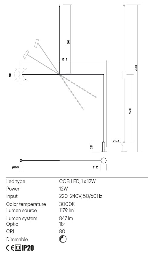 Lampadar PICAS, negru mat, LED 12W, 3000K, 1179 lm, Redo 01-2695