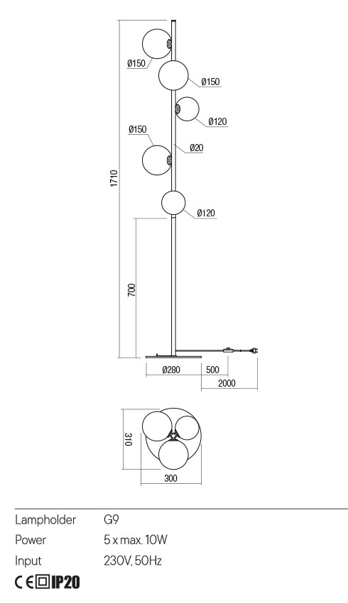 Lampadar ROY, alama antica patinata, G9 5 x max 10W, Redo 01-2785