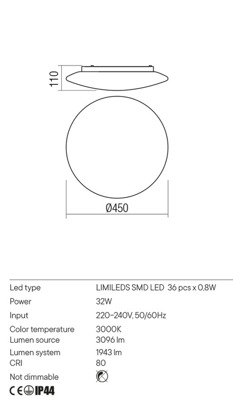 Plafoniera ANTIBA, alb, LED 32W, 3000K, 3096 lm, Redo 01-2990