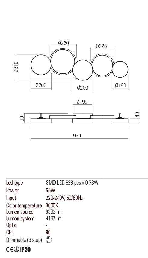 Plafoniera CRONOS, alama, LED 65W, 3000K, 9393 lm, Redo 01-2540