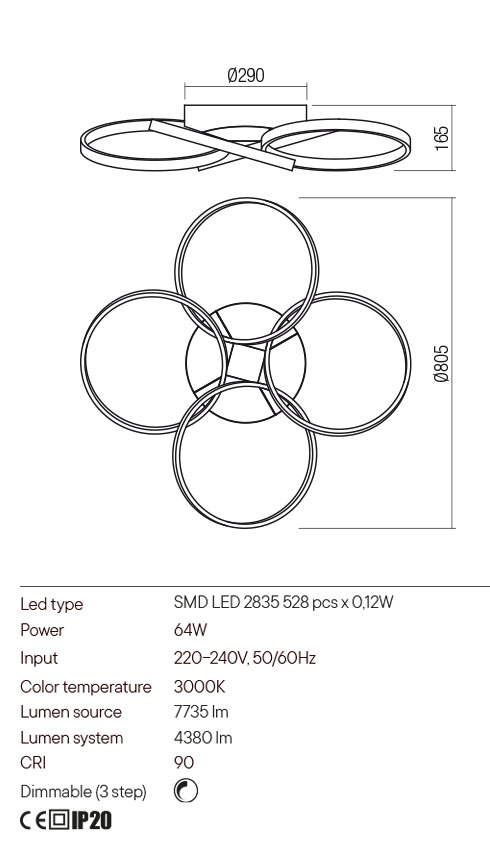 Plafoniera ESPIRAL, alb mat, LED 64W, 3000K, 7735 lm, Redo 01-2681