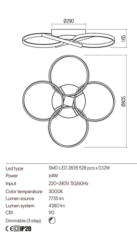 Plafoniera ESPIRAL, negru mat, LED 64W, 3000K, 7735 lm, Redo 01-2683