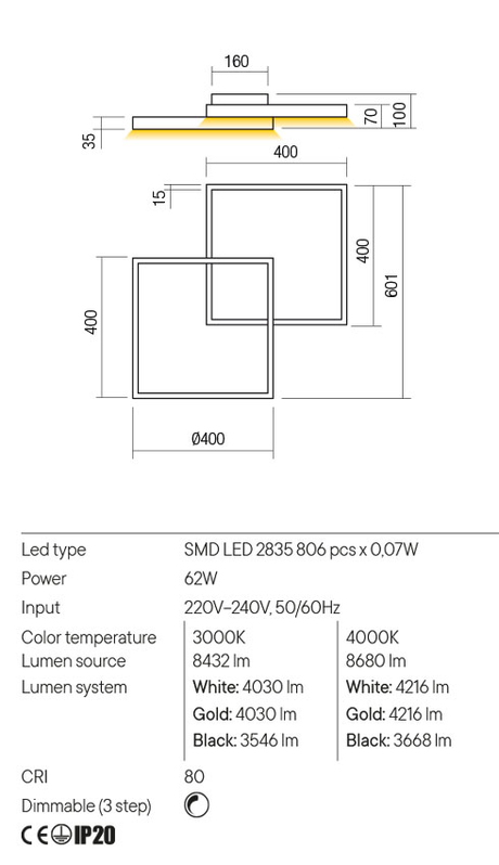 Plafoniera FEBE, auriu mat, LED 62W, 3000K, 8432 lm, Redo 01-2859