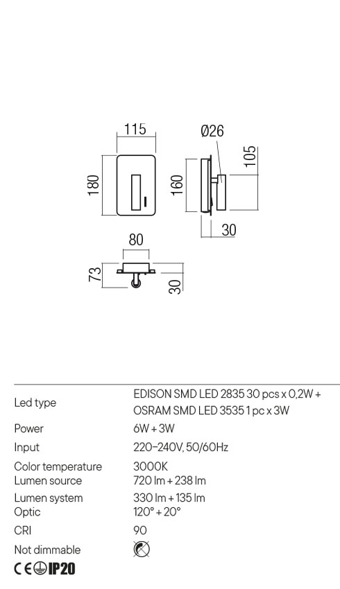 Aplica QUDA, alb, LED  6W + 3W, 3000K, 720 lm + 238 lm, Redo 01-2979