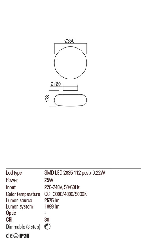 Plafoniera UBIS, alb mat, LED 25W, CCT 3000/4000/5000K, Redo 01-2230