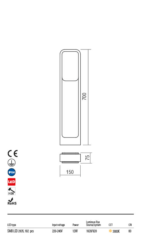 Stalp exterior MIST gri inchis, LED 12W, 1450lm, 3000K, IP54, Redo 90245