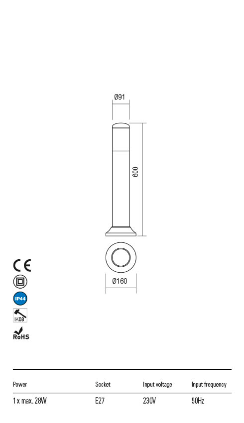 Stalp exterior PENCIL negru, E27 1 x max.28W, IP44, Redo 90240