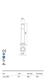 Stalp exterior PENCIL negru, E27 1 x max.28W, IP44, Redo 90240