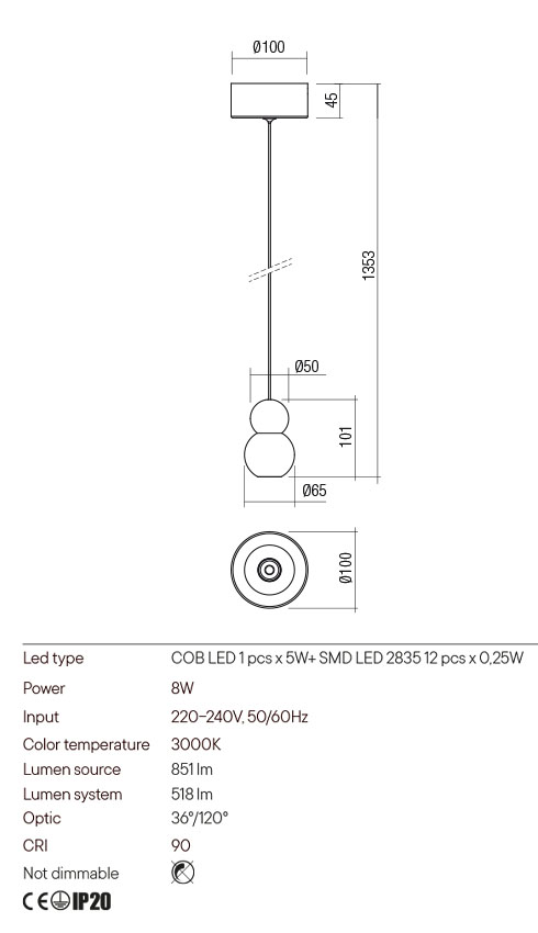 Suspensie AOBA, alb mat, LED 8W, 3000K, 851 lm, Redo 01-2692