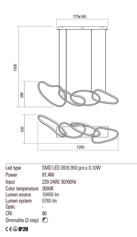 Suspensie BIAS, alb mat, LED 87, 4W, 3000K, 10450 lm, Redo 01-2594