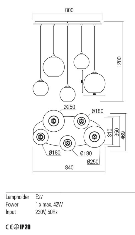 Suspensie BOWL, cuprata degrade, E27, 5 x  42W, Redo 01-2080