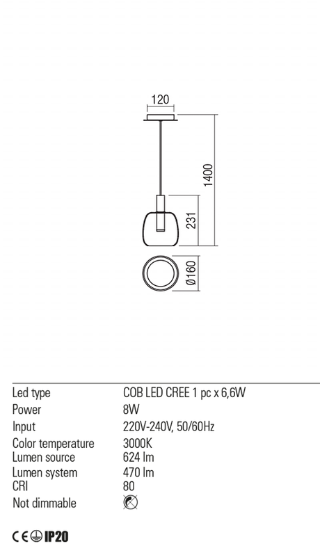 Suspensie CANDELA, negru, LED 8W, 3000K, 624 lm, Redo 01-1820